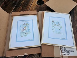 2 Vintage 1985 gerahmter Druck Badezimmer Wandkunst von Arlene Dietrich Miller 8" x 10" - Bild 1 von 6