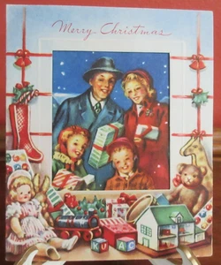 Vintage FAMOUS ATISTS STUDIOS USA Weihnachtskarte FAMILIE SCHAUT INS SPIELZEUGLADENFENSTER - Bild 1 von 6