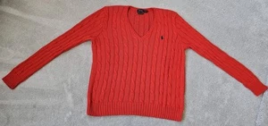Polo Ralph Lauren Women's Cable Knit Cotton V-neck Jumper XL 14 16 18 Red - Picture 1 of 5