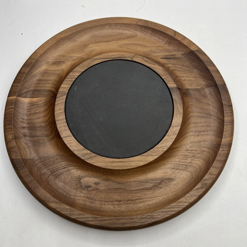 Crate & Barrel Wooden Round Serving Tray with Slate Center Charcuterie Board 14” - Image 1 of 4