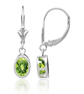 14K Solid White Gold Oval Peridot Dangle Earrings - Picture 1 of 11