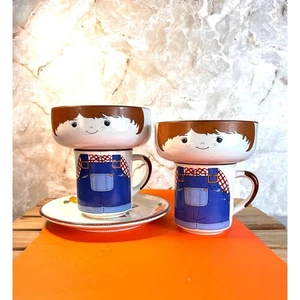 Interpur Korea Childs Mug~ Saucer & Bowl Set Farmer Boy Stackable - Picture 1 of 10