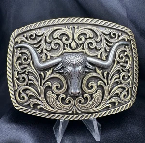 Lange Horn Gürtelschnalle groß Cowboy Western Rodeo Stier - Bild 1 von 2