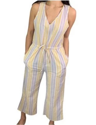 Anthropologie DREW Yellow/lavender Striped Jumpsuit Womens Size M USA pockets - Image 1 of 4