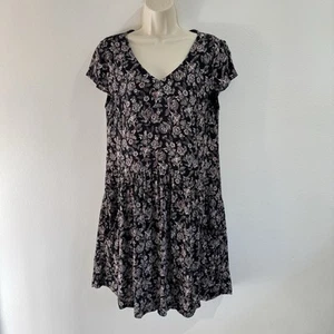 Garnet Hill Shirt Dress 10 / M Babydoll Peasant Black Pink Floral Pockets Swing - Picture 1 of 10