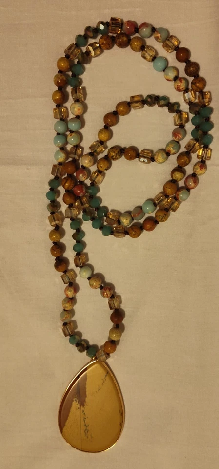 10g Cuadro Jaspe Colgante 2" X 1.25" + 28" Cuentas Collar Madera Piedra Vidrio 46g Foto 1 de 4