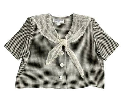 Top vintage Jessica Howard para mujer 12 pequeños cuadros a cuadros corbata de encaje preparación de dinero antiguo Foto 1 de 4