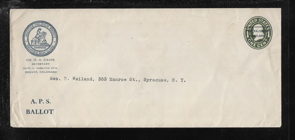 US Precancel Envelope: MD Federalsburg Local T2 (Blue Ink) 1c 1907; Used (APS) - Image 1 of 1