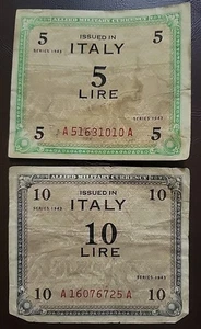 Italy  L.5 & 10 Lire  Series of 1943  Block  A  WWII Issue Military Currency - Picture 1 of 2