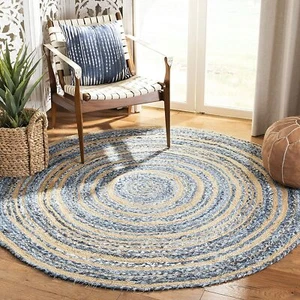 Rug Jute & Denim Round Reversible Handmade Area Carpet Rustic Modern Look Rug - Picture 1 of 7