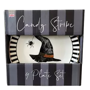4pc EATON FINE DINING Spooky Candy Stripe Halloween Salad Dessert Plates NIB - Picture 1 of 12