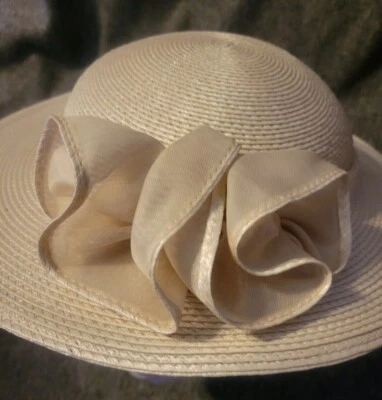 VTG Ruth Ann Designs Wide Brim Off White Ladies Hat w. Ribbon Bow  - Image 1 of 4