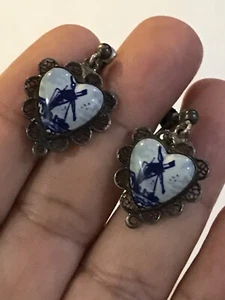 Vtg Delft Dutch Porcelain 835Sterling Silver Earrings Handpainted Blue Windmill - Picture 1 of 7