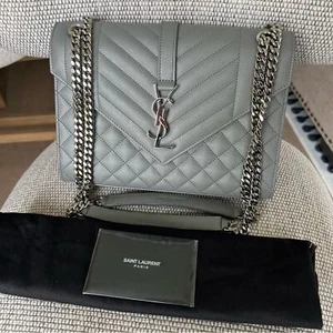 Saint Laurent Envelope Chain Medium Mix Matelassé Leather Crossbody Bag - Grey - Picture 1 of 15