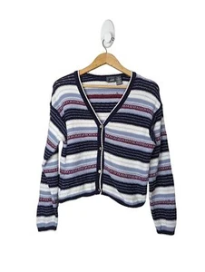 Liz Wear Damen Strickjacke Cropped Langarm blau weiß weinrot gestreift M Petite - Bild 1 von 6