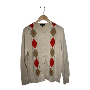 Lands' End Cardigan Sweater Women XL 18/20 Cream Argyle Preppy Cotton Modest - Picture 1 of 6
