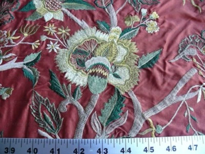 17” Lee Jofa Dana Embroidery.brick Silk Red Flower Power Tree Of Life MSRP 498/y - Image 1 of 4
