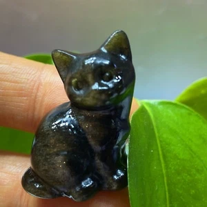 1.1"Natural Gold obsidian Quartz cat hand carved skull crystal reiki healing 1PC - Picture 1 of 11