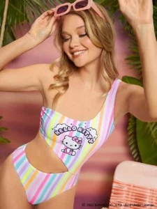 Sanrio Hello Kitty Rainbow Striped Print 1 houlder Cut Out 1 Piece Swimsuit NWT - Picture 1 of 9