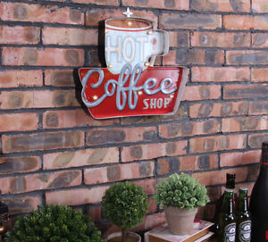 Vintage LED Light  Metal Bar Sign Hot coffee Shop Hand-painted Cafe Wall Decor