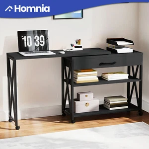 360° Rotating Side End Sofa Table 2 Tier Storage Shelves Drawer w/ Wheels Black - Picture 1 of 11