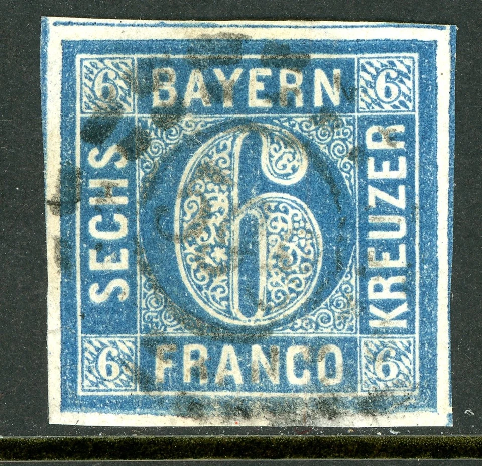 Germany States 1862 Bavaria 6 Kr Blue Scott #11 VFU M369 - Image 1 of 4