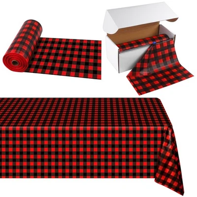 54 Inch x 300 Ft Red and Black Checkered Plastic Table Cloth Roll Disposable ... - Image 1 of 4