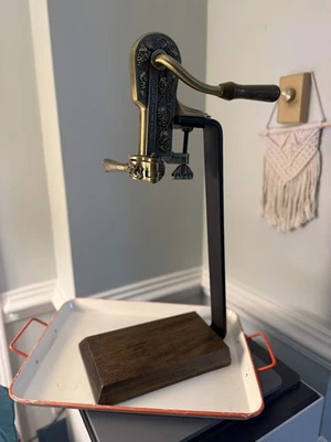 Rogar Estate Antique Brass Table Top Wine Bottle Opener w/ Wood Stand Corkscrew - Image 1 of 4