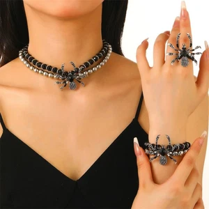 Mode Halloween Diamant Spinne Halskette Armband Ring Set Dekorationen - Picture 1 of 32