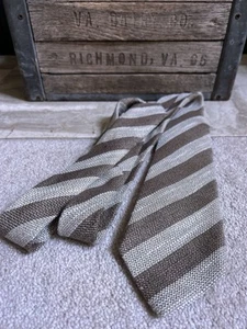 ISAIA 7 fold woven linen silk cotton tie - beige & brown stripes - 3 1/4" - Picture 1 of 5