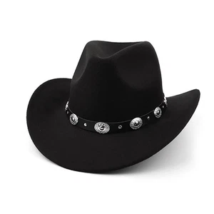 Western Cowboy Cowgirl Hat Silver Strap Men Women Retro Wide Brim Adjustable - Picture 1 of 12