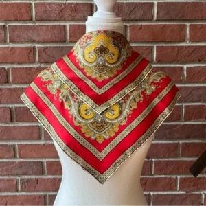 •Handcrafted Geometric Red Gold Silk Handrolled Scarf 18”x18” Made in Italy NEW - Picture 1 of 10
