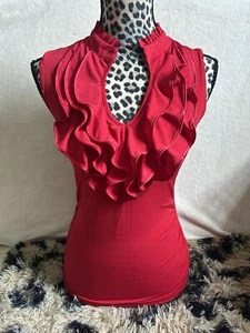 Women’s Y2K Red Ruffle V Neck Hook Closure Collared Shirt Sleeveless Top VampEmo - Picture 1 of 7