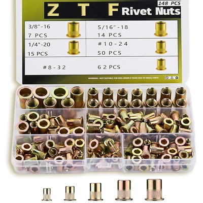 SAE 8-32 10-24 1/4-20 5/16-18 3/8 Inch-16Unc Rivet Nut Assortment Kit, Yellow Zi