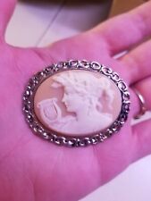 Large Vintage Cameo Brooch Pin Costume Jewelry Oval Silver Tone Harp Cameo 