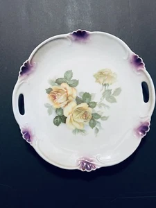 Bavaria Porcelain Handled Plate Yellow Roses Purple Green Trim Embossed Germany - Picture 1 of 13