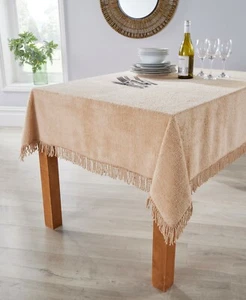 Diana Cowpe Beige Tischdecken Traditionell Baumwolle Chenille Tischdecke Fransen - Bild 1 von 2