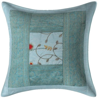 Indian Polydupion Decorative Home  16 x 16 Inch Embroidery Floral Cushion Cover - Image 1 of 3