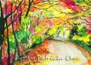 ACEO LE Art Card Print 2.5"x3.5" " Autumn Road " landscape art by Patricia - Foto 1 di 1