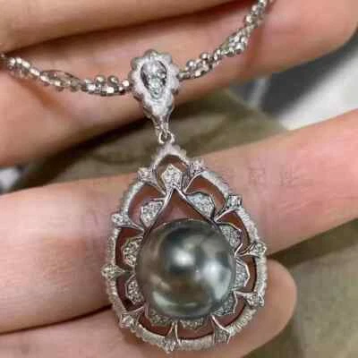 stunning 11-12mm tahitian round black green pearl pendant 925s sumptuous gift Foto 1 de 4
