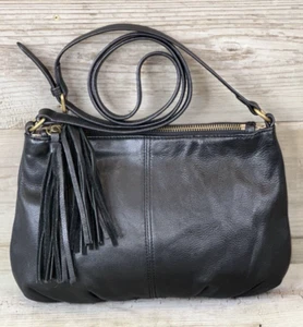 LUCKY BRAND Black Leather Purse Crossbody Medium Double Zip Tasseled - Picture 1 of 12