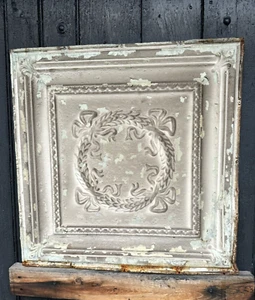 C.1885 Tin Ceiling Panel Bay Leaf WREATH & Fleur De Lis 24x24" Shabby, Holidays - Picture 1 of 7