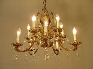 CHANDELIER ANTIQUE HEART SHAPE CRYSTAL BRASS LAMP FRENCH 12 LIGHTS Ø 25" - Picture 1 of 8