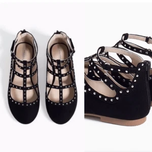 Zara Girls kids Black Cage Silver Stud faux suede Flats shoes -28.US 5 - Picture 1 of 8
