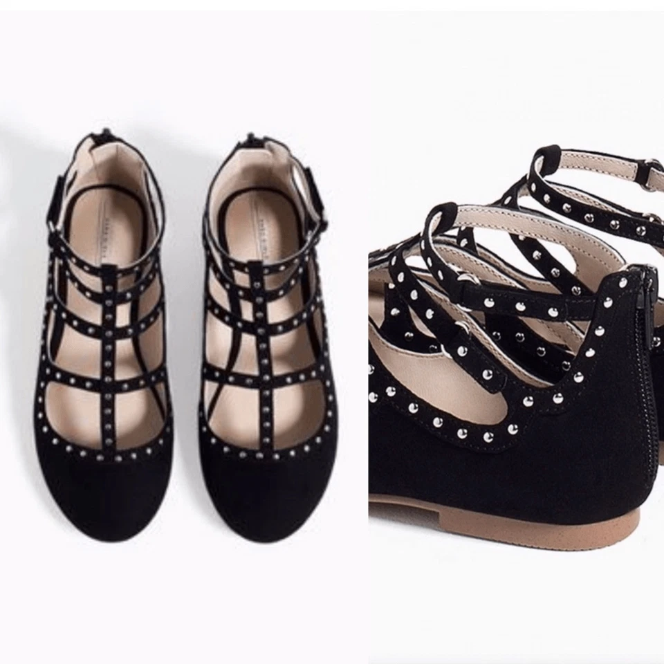 Zara Girls kids Black Cage Silver Stud faux suede Flats shoes -28.US 5 - Image 1 of 4