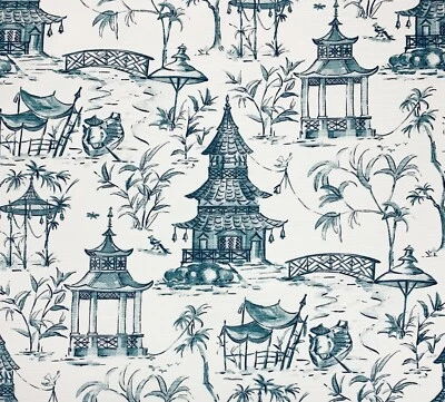 BALLARD  DESIGNS LUCY BLUE WHITE CHINOISERIE ASIAN TEMPLE FABRIC BY YARD 55"W - Image 1 of 4