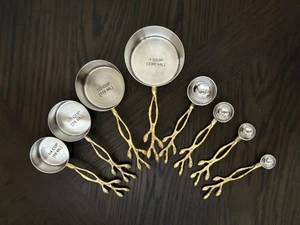 Set Of Matching Measuring Cups & Spoons With Gold Tone Branch Leaf Handles India - Picture 1 of 17