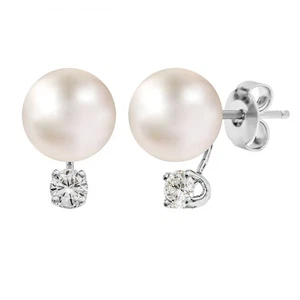 14k White Gold 7.7mm Freshwater Round Pearl Stud Earrings with Diamonds - Picture 1 of 4