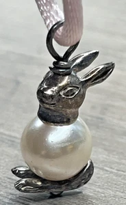 Vintage Sterling Silber 925 Faux Perle Hase Kaninchen Anhänger Charm Rosa Halskette - Bild 1 von 11
