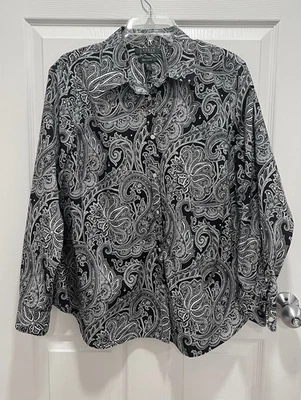 LAUREN RALPH LAUREN Women 2X Non Iron Paisley Shirt Black White Button Up - Image 1 of 4